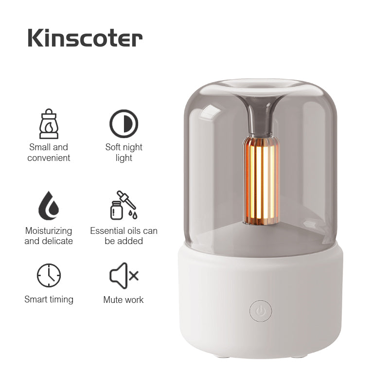 USB-powered aromatherapy diffuser with flickering candle simulation, operating below 36dB noise level for quiet spaces up to 10 square metres with 120ml water capacity