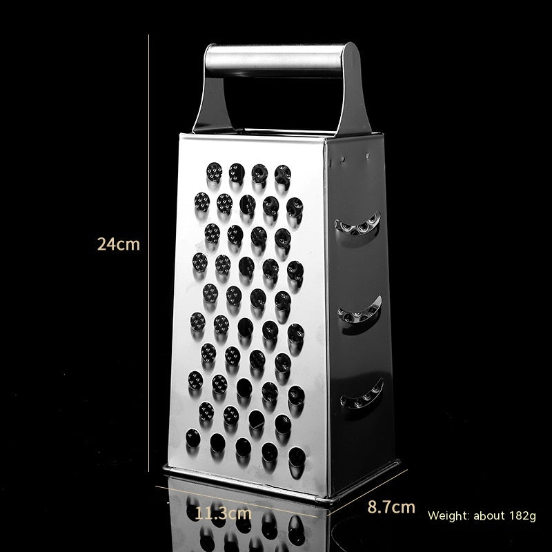 Stainless steel vertical grater with multifunctional design featuring interchangeable cylindrical and flat handles for secure grip during food preparation tasks