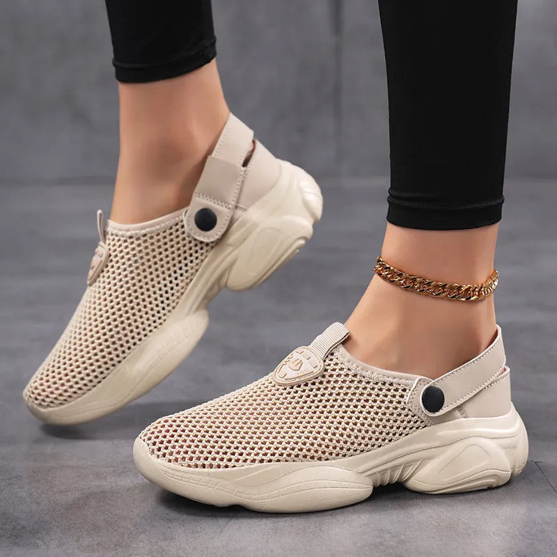 Women's Flyknit casual sports sandal in beige colour showing round toe holder design.