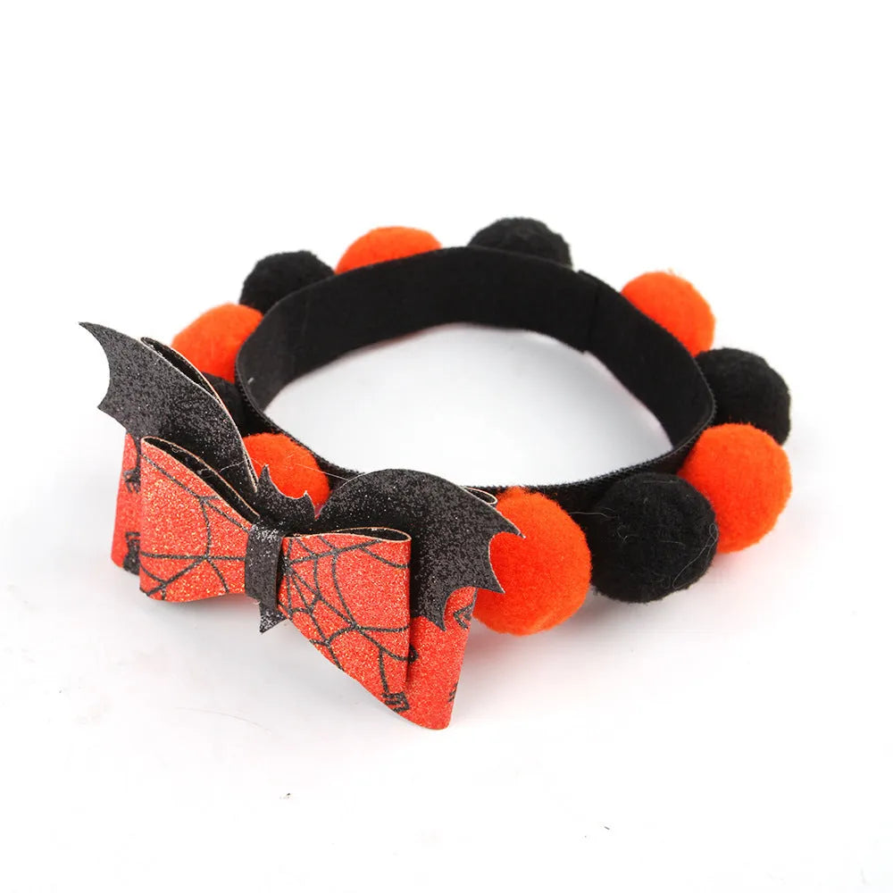 Halloween pet collar with fur ball decoration showing pumpkin pirate and witch design options