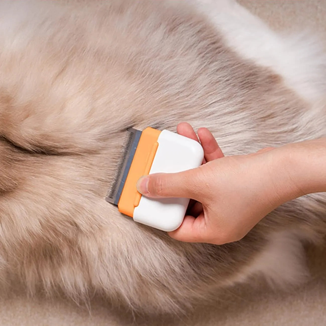 Blue double-sided pet grooming comb with stainless steel teeth on one side, measuring 114mm long