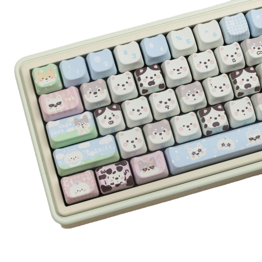 Cat and puppy-themed PBT sublimation key cap set with 104 keys for mechanical keyboards