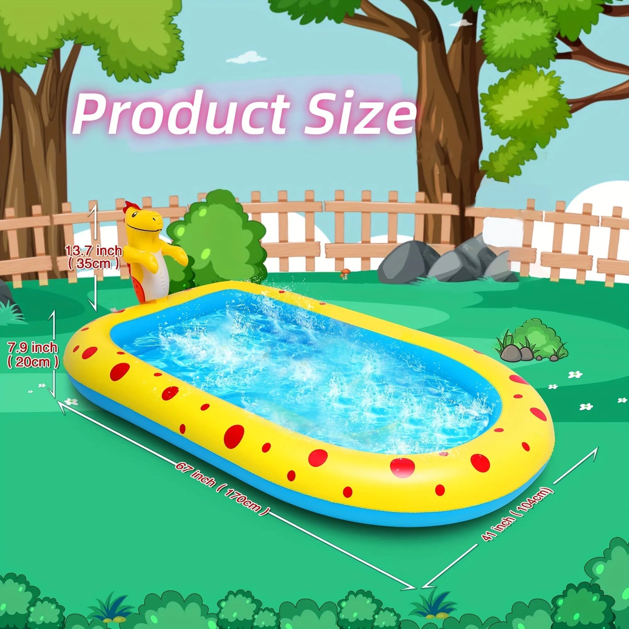 Blue dinosaur-themed inflatable water spray pool for kids in a garden