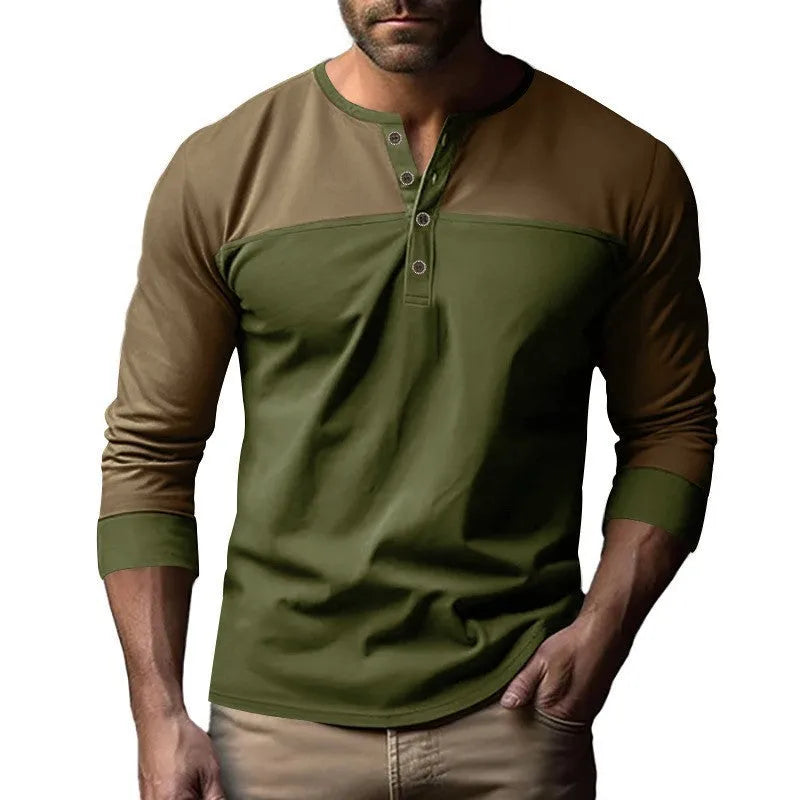Men's brown army green long sleeve henley collar casual shirt with retro colour matching panels.
