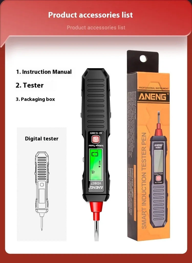 Digital voltage tester pen with LCD display showing voltage reading, black and red plastic housing