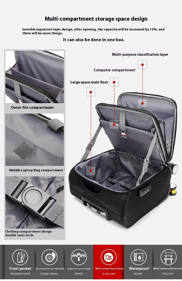 Black 18-inch business luggage with retractable handle and universal wheels made from waterproof Oxford cloth