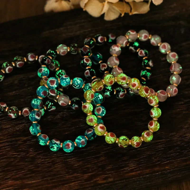 Handmade ancient fluorescent glaze bracelet with swallowing gold beast design on 10mm heart-shaped beads