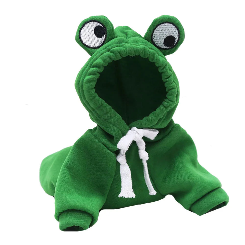 Green frog pattern hoodie on small dog showing four-legged design with hood