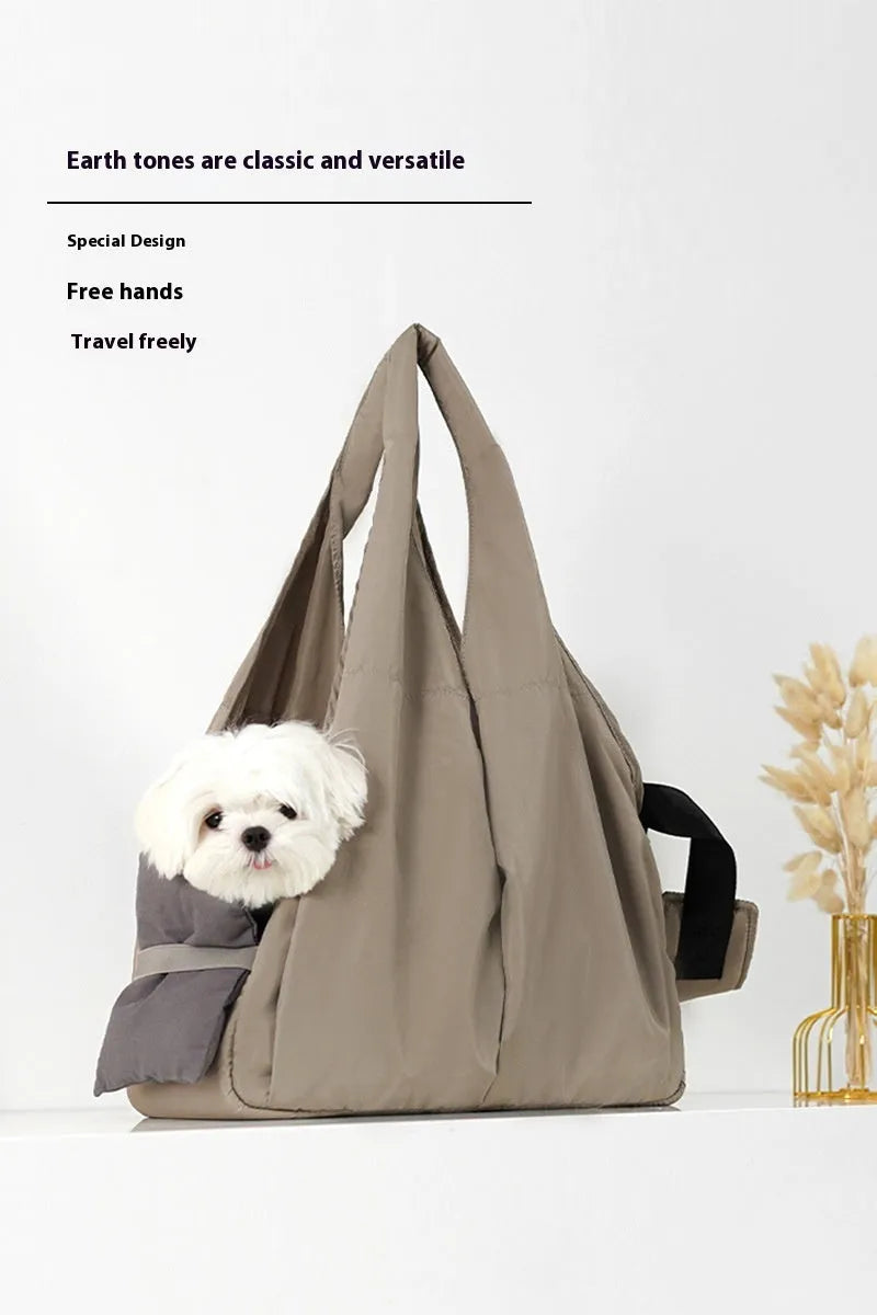 Apricot cloth pet handbag with dimensions 41x16x28cm showing adjustable straps and breathable fabric construction