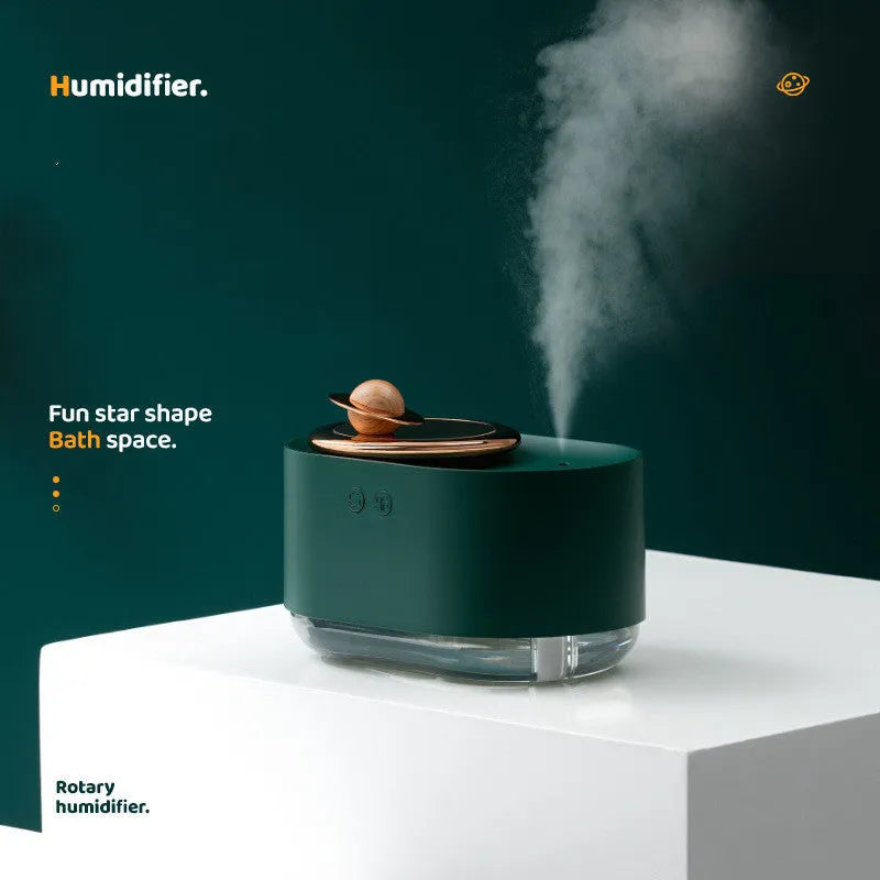 Rotating planet humidifier in green, pink, or white with USB cable, 0.5L tank, and night light function