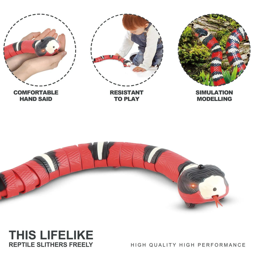 Smart sensing automatic snake cat toy with USB charging port and realistic 3D cobra design