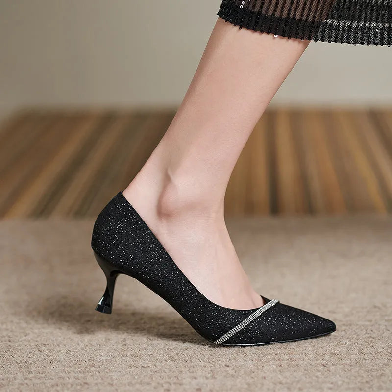 Black French style high heels with sequined detailing and 7cm thin heels