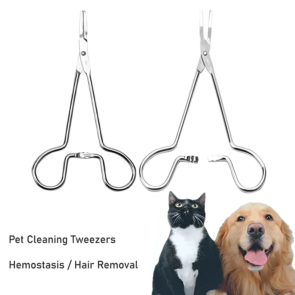 Silver stainless steel pet grooming tweezers with curved tip for ear hair removal and cleaning