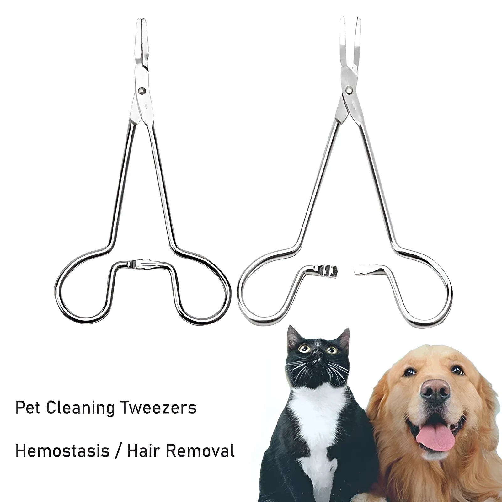 Silver stainless steel pet grooming tweezers with curved tip for ear hair removal and cleaning
