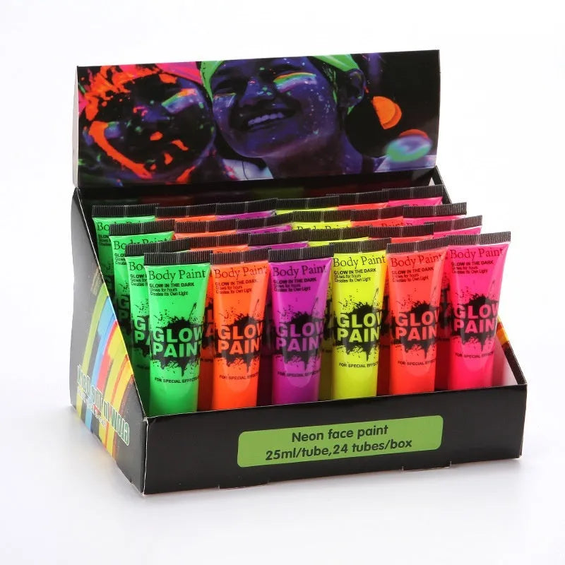 25ml tubes of neon face and body paint in six colours: red, yellow, green, purple, orange, pink
