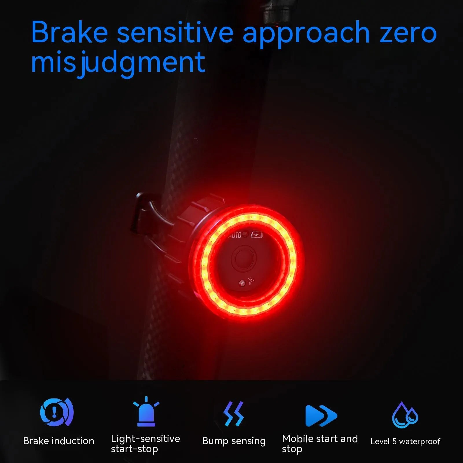 Black aluminium alloy bicycle taillight with seat tube bracket, showing 3.7V induction brake light design