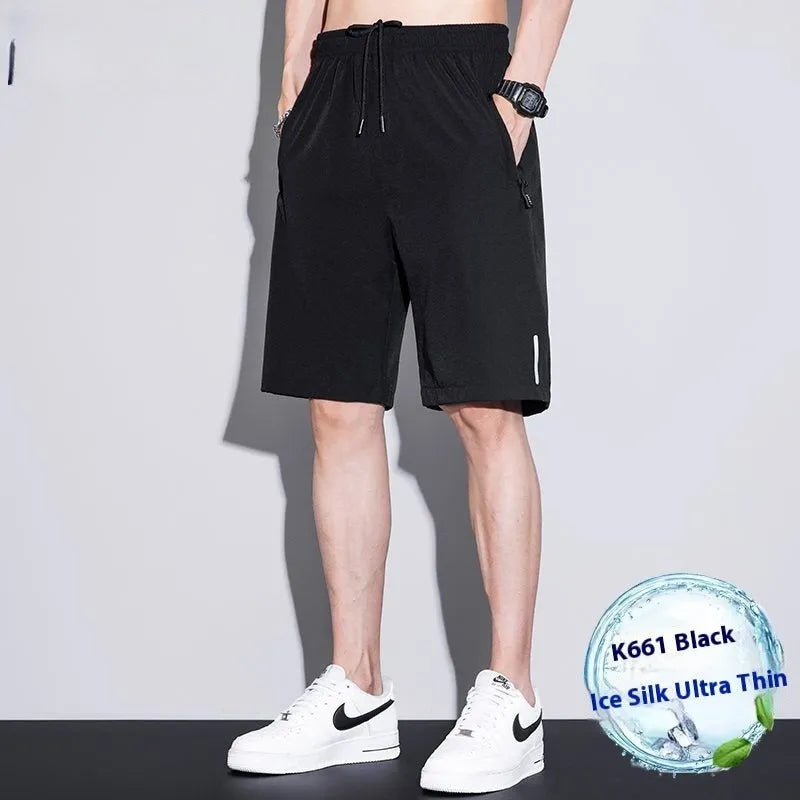 Men's thin ice silk quick-drying running shorts in black, dark blue, or light grey, sizes M to 4XL