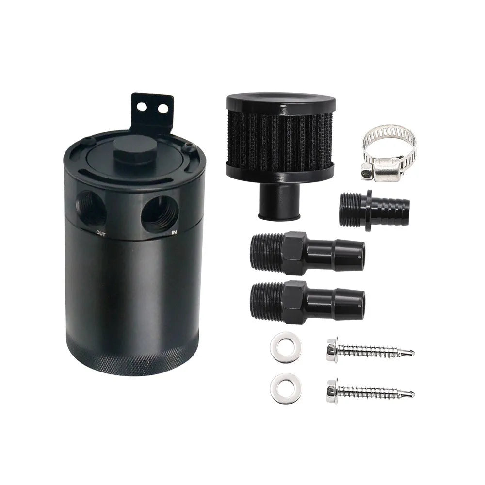 Black and silver aluminium automotive oil pot with two ports and connectors