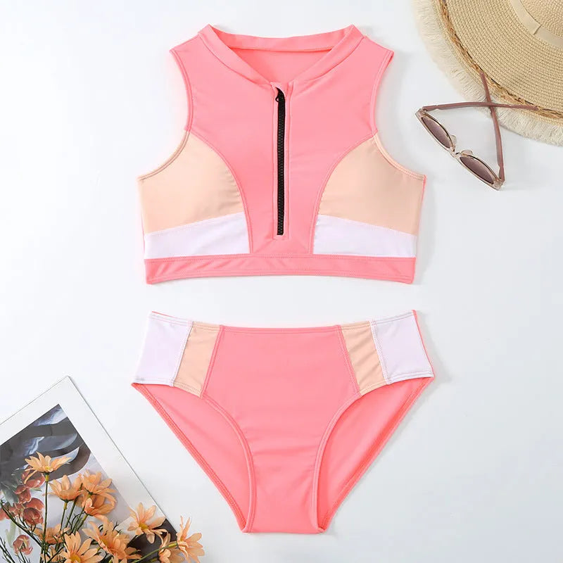 Pink high-waist split bikini swimsuit with briefs style and ammonia mesh lining, showing front and back views.
