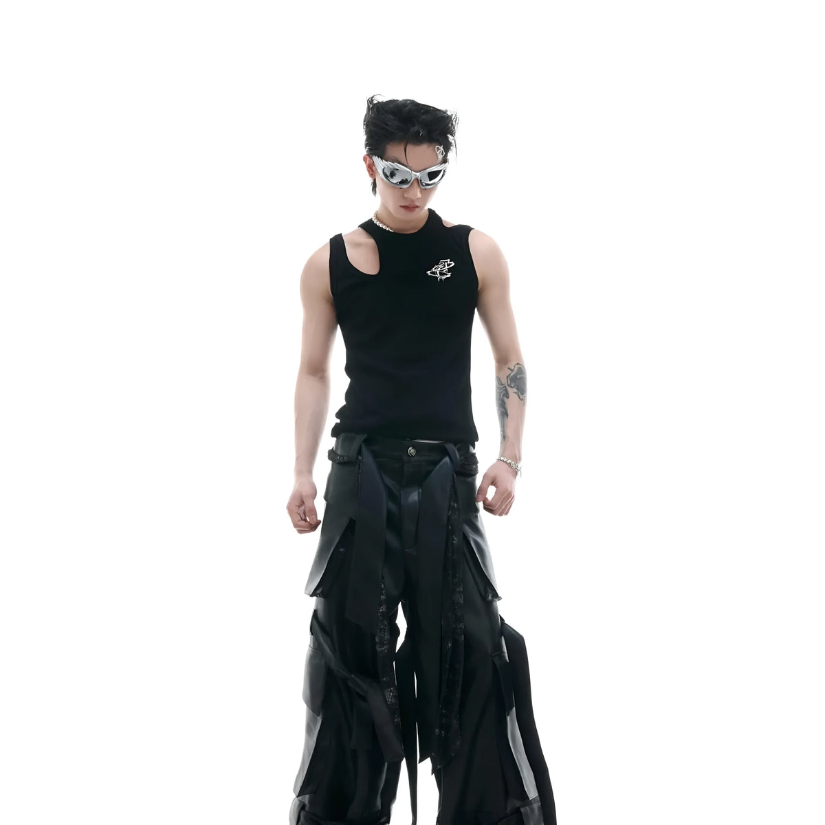 Men's sleeveless polyester vest T-shirt, crocheted hollow detail, cartoon pattern, white or black