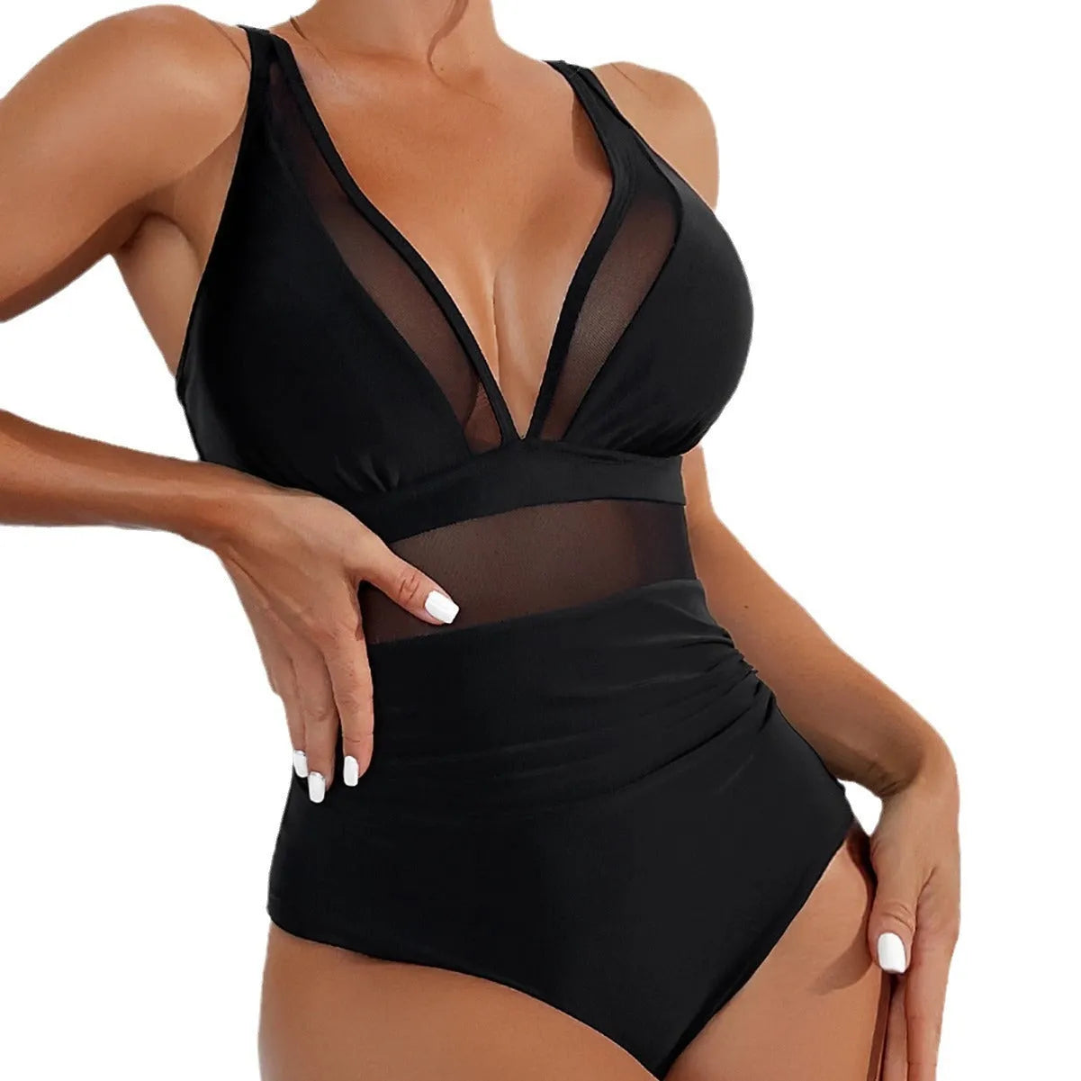 Black women's one-piece swimsuit with a mesh halter neck and brief-style legs.