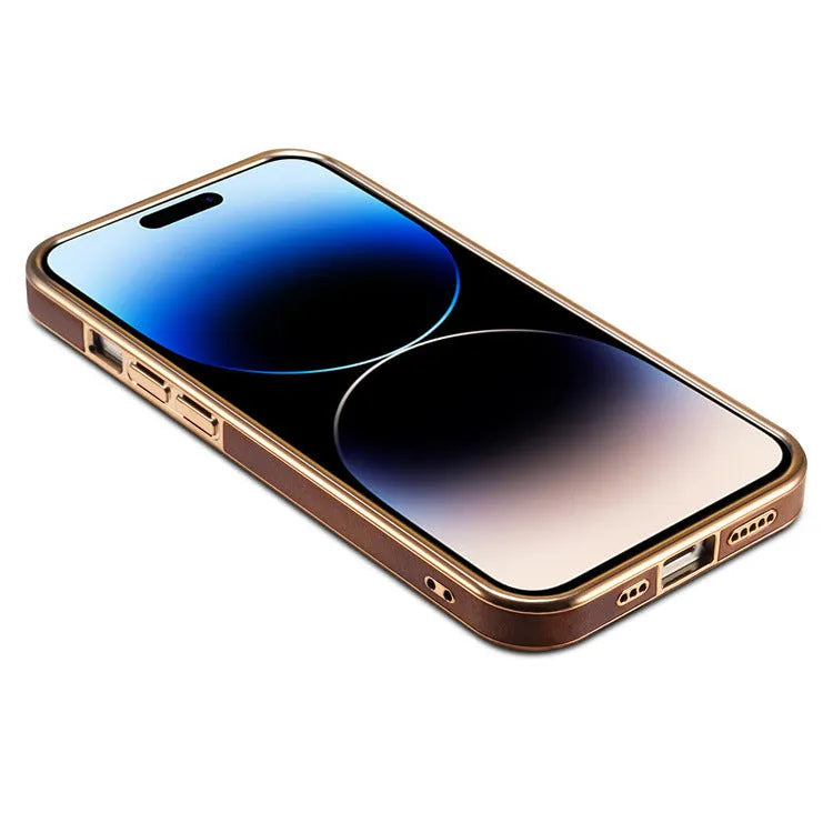 Leather phone case with vintage oil wax finish showing textured surface and precise port openings