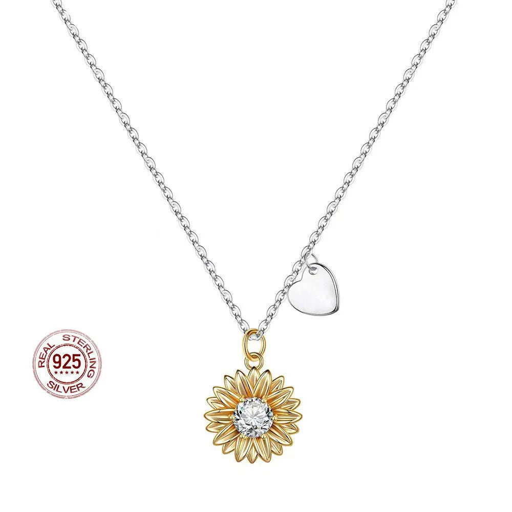 Sunflower necklace with geometric daisy pendant on adjustable cross chain, 925 silver jewellery