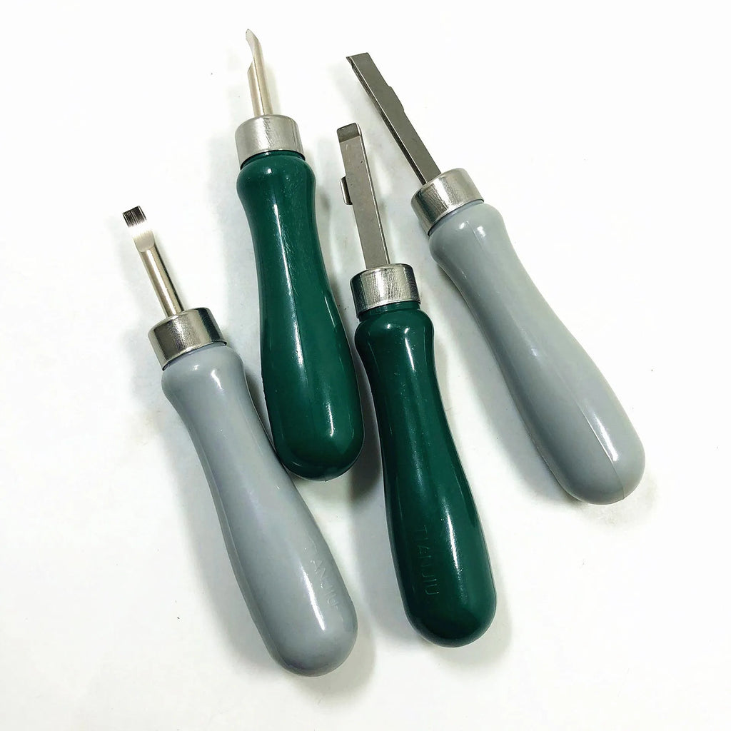 Watch back cover removal tool with double head and elbow pry knives in green or grey alloy plastic