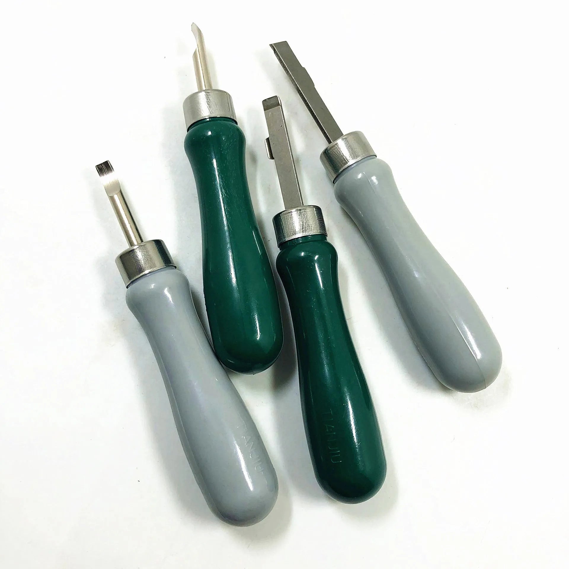 Watch back cover removal tool with double head and elbow pry knives in green or grey alloy plastic