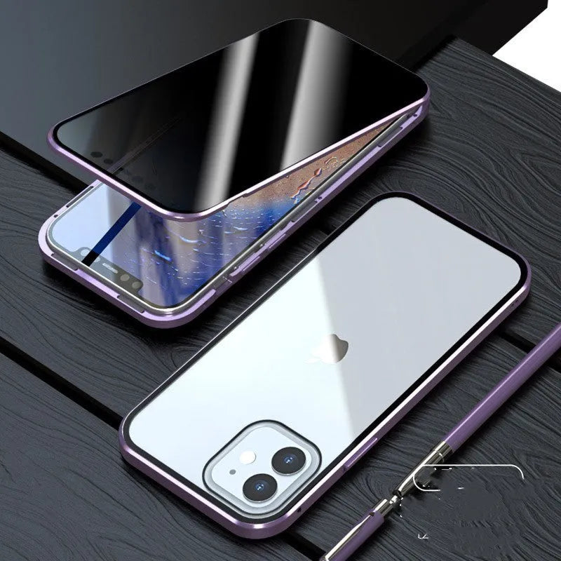 Anti-peep magneto iPhone case with metal frame and tempered glass in solid colour options