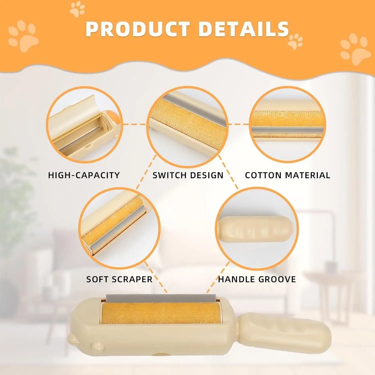Blue pet hair remover with self-cleaning base rolling on a sofa to collect dog fur