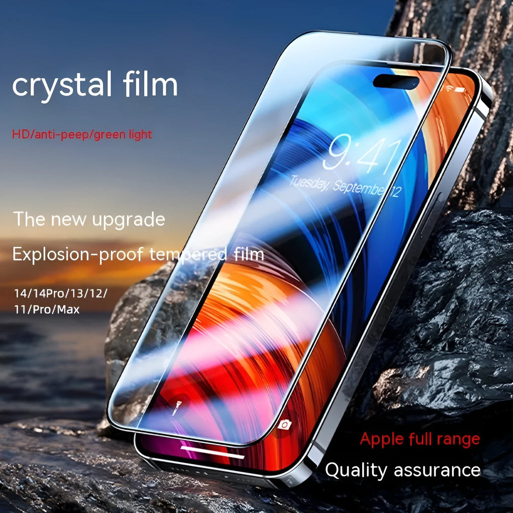 Tempered glass privacy screen protector for iPhone with choice of HD, frosted, or anti-peep finish.