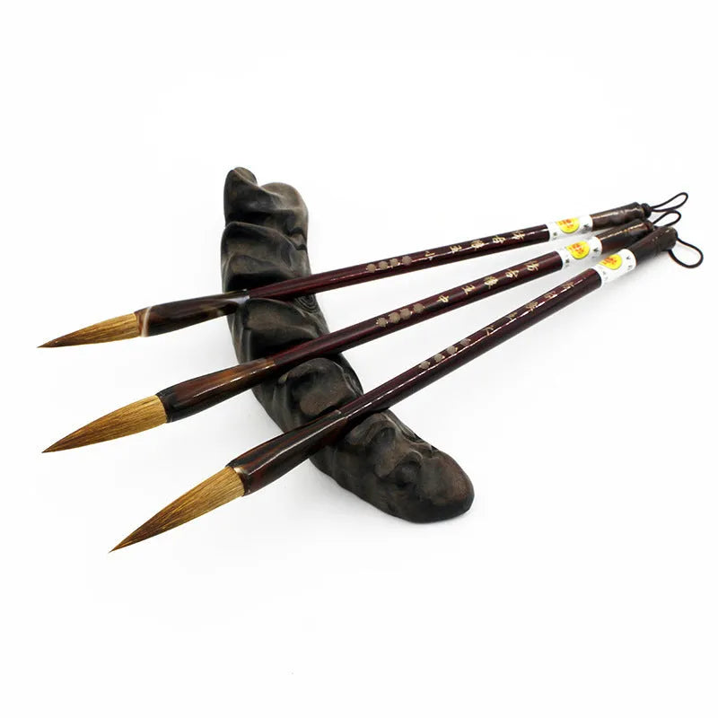 Wolf hair calligraphy brush with steel rod shaft in three traditional sizes