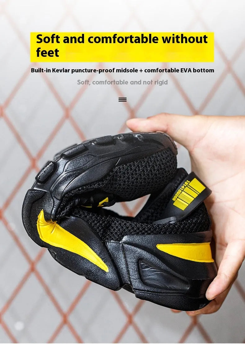 Men's Flyknit steel toe work shoes in black colour showing breathable upper construction