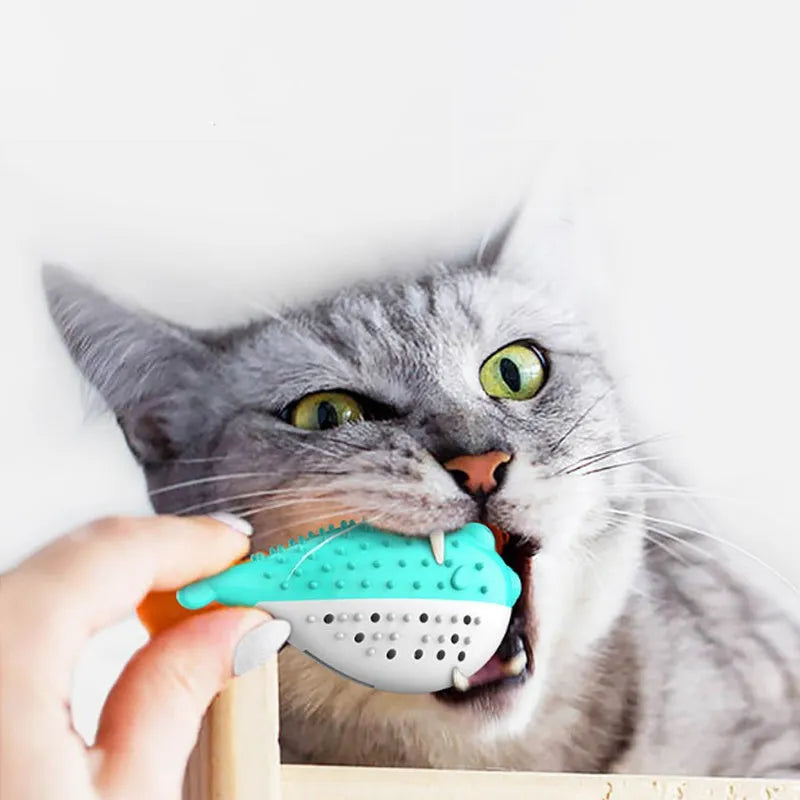 Blue silicone fish-shaped cat chew toy measuring 12.2cm with detailed scale texture for dental stimulation