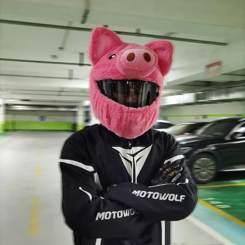 Pink pig cartoon design plush hood for covering a motorcycle helmet
