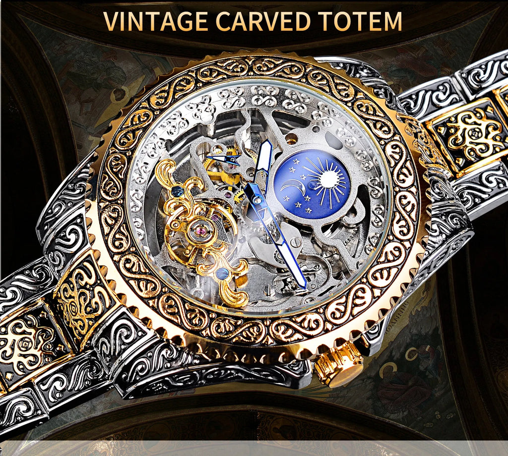 Forsining skeleton tourbillon automatic mechanical watch with stainless steel case and yellow finish
