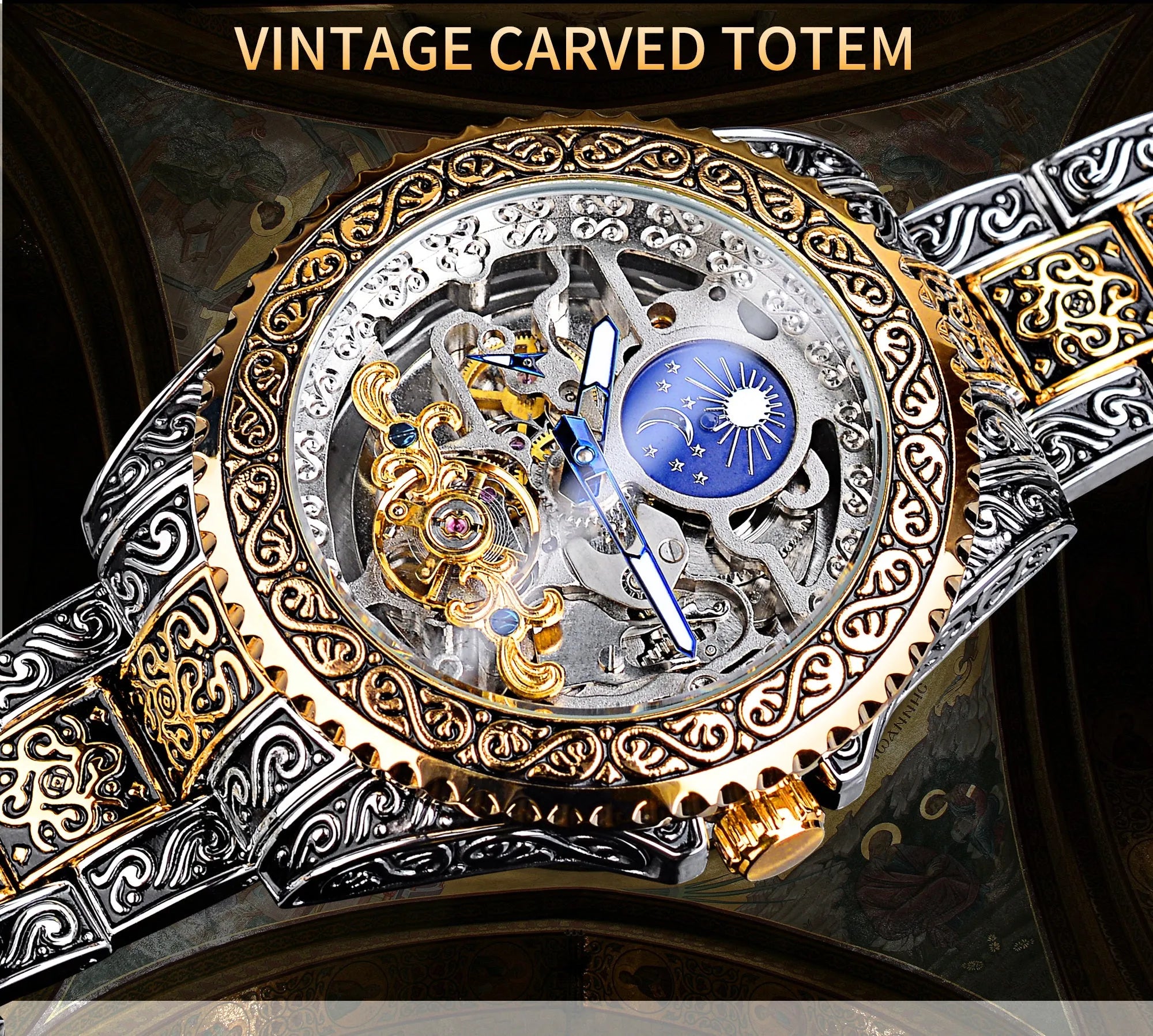Forsining skeleton tourbillon automatic mechanical watch with stainless steel case and yellow finish