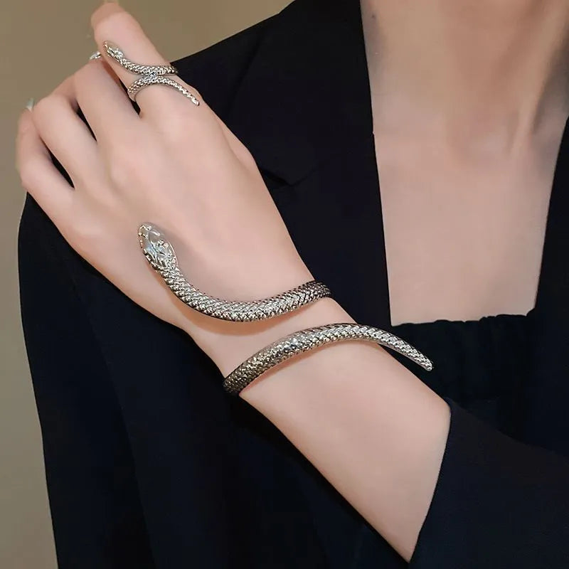 Gold and silver exaggerated twisted winding snake opening ring and bracelet jewellery set