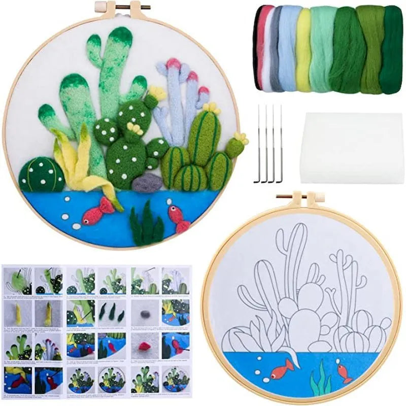 Round 3D floral embroidery kit on 20x20cm linen with wool felt and free frame