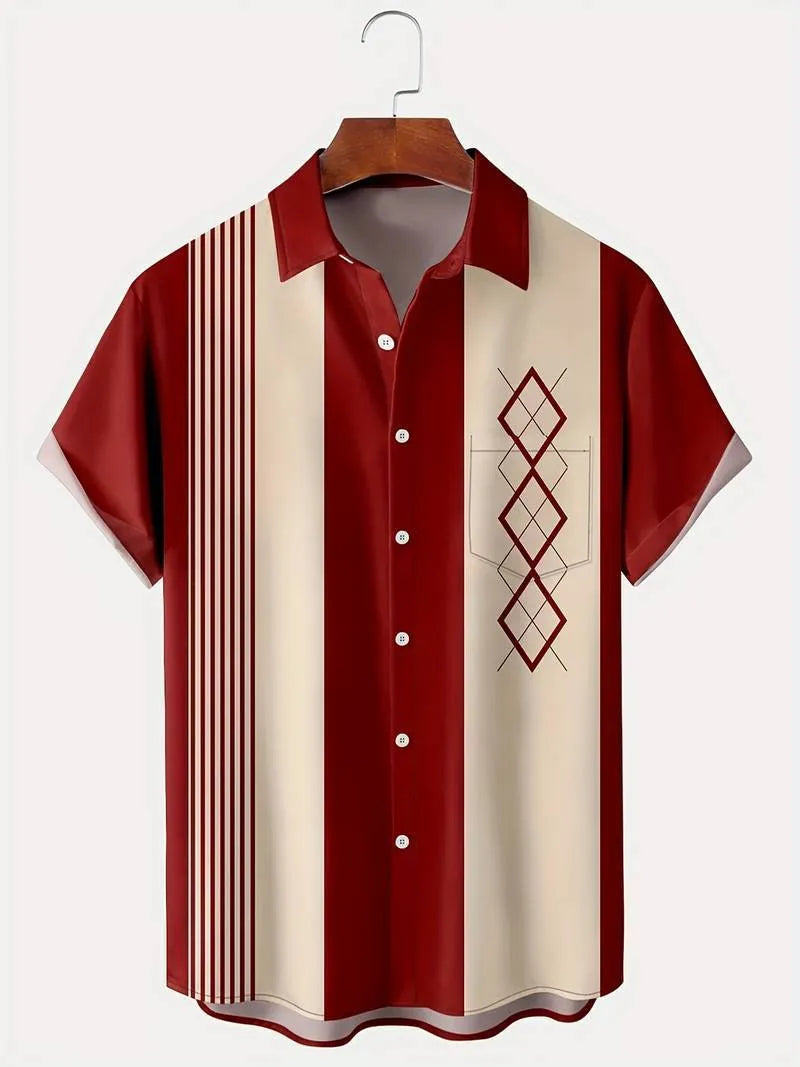 Men's plaid pattern cardigan shirt with lapel collar and short sleeves in loose fit