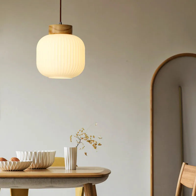 Natural wood retro Nordic pendant ceiling light with a vintage-style open shade.