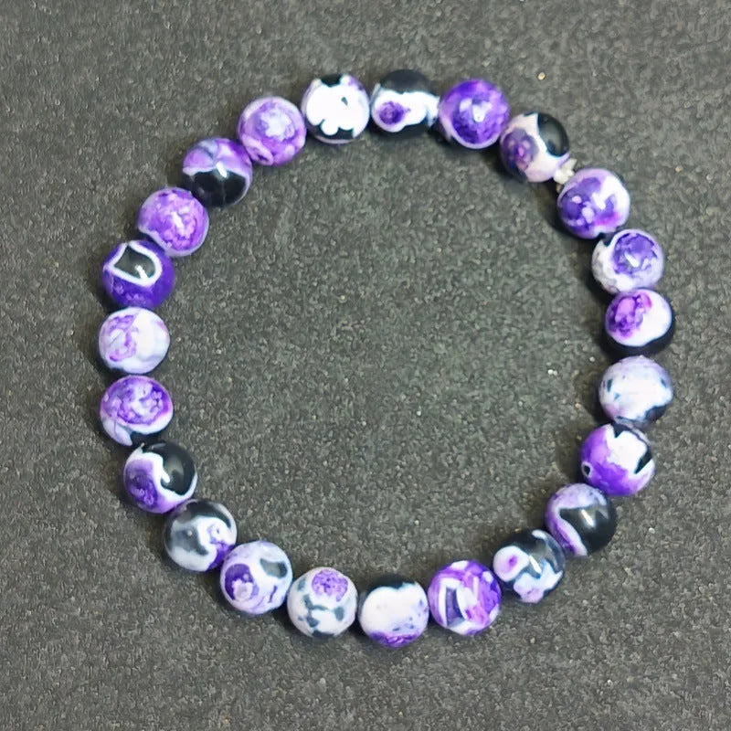 Ladies Bohemian bracelet with 8mm natural agate glass beads and adjustable silver clasp in four colour variations