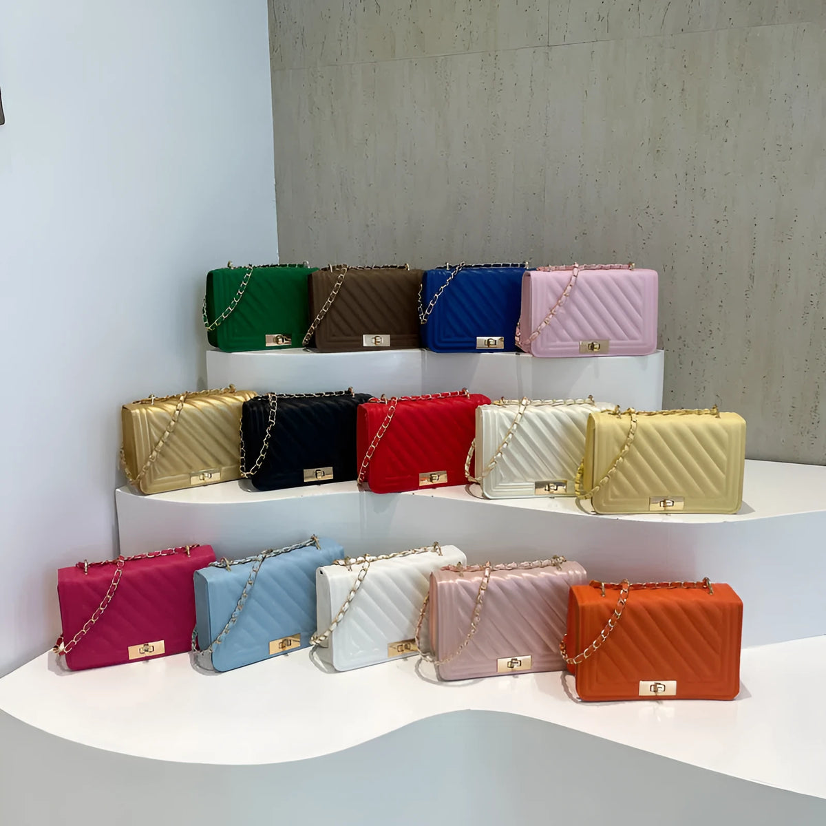 Single shoulder crossbody bag in PU with stitching detail, horizontal rectangle shape, shown in one of 14 colours