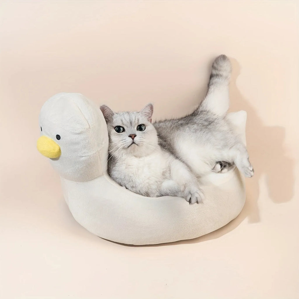 Duck-shaped pet bed sofa with fluffy polyester material in blue or white colour, showing raised sides and unique pattern design