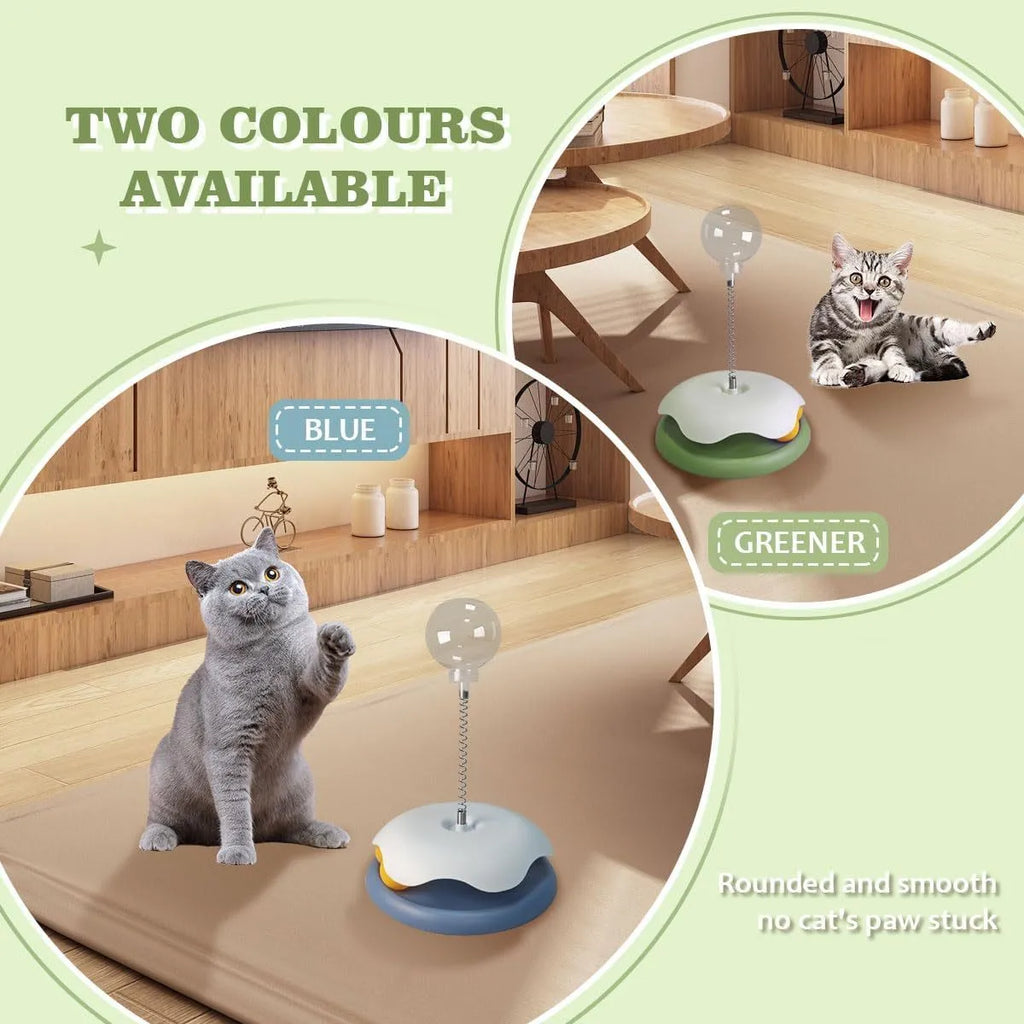 Blue and green cat treat dispenser toy with track ball, measuring 21.5cm by 32cm