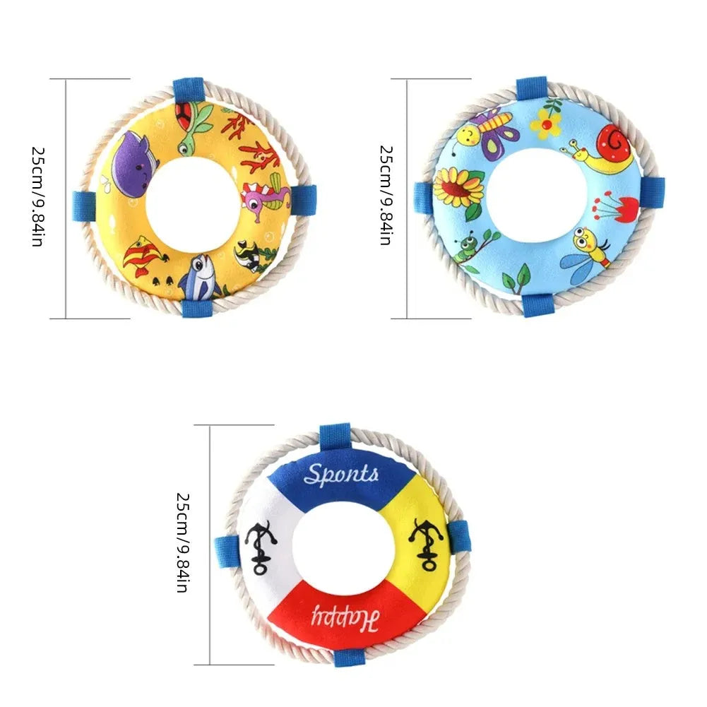 Squeaky dog training ring toy in blue, red or yellow with soft plush construction for fetch and chew games