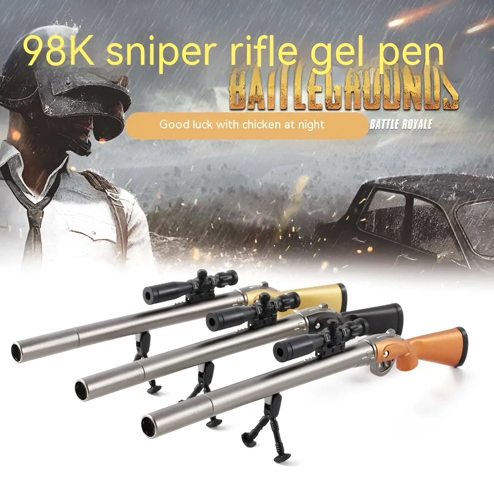 Eating Chicken 98K sniper rifle model black gel pen with 0.5mm tip on a white background.