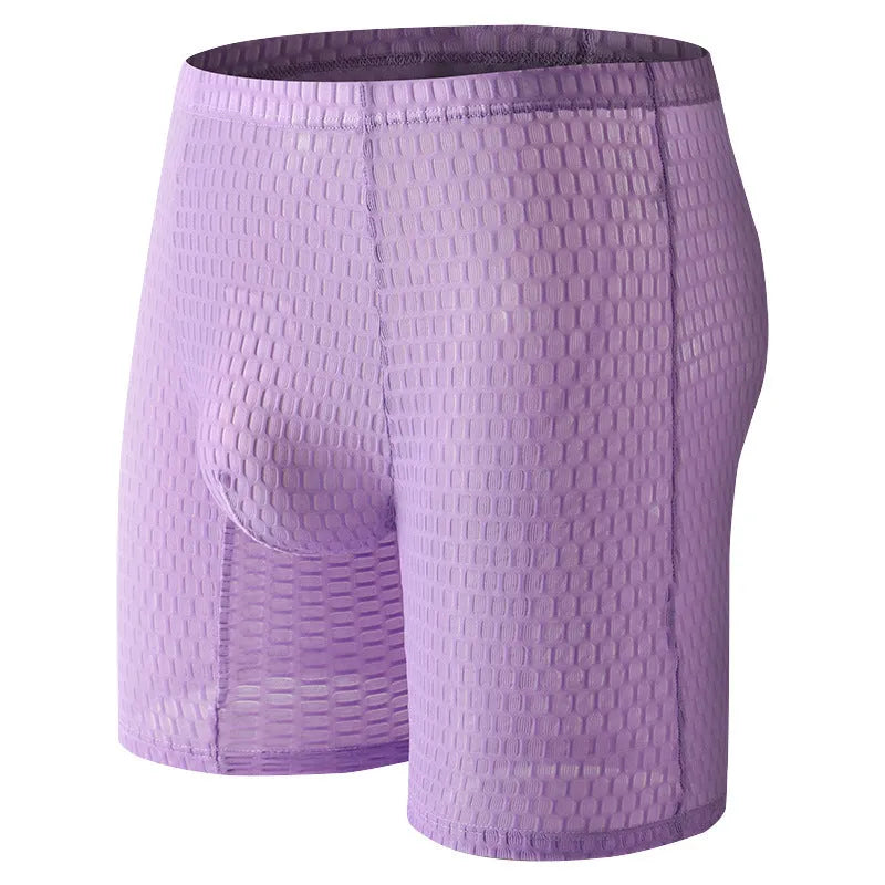 Men's lace shaping boxer briefs in light purple on a white background, showing the hip-lifting design.