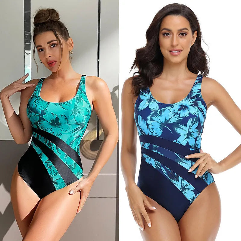 Women's green printed one-piece swimsuit with conservative fit for swimming activities